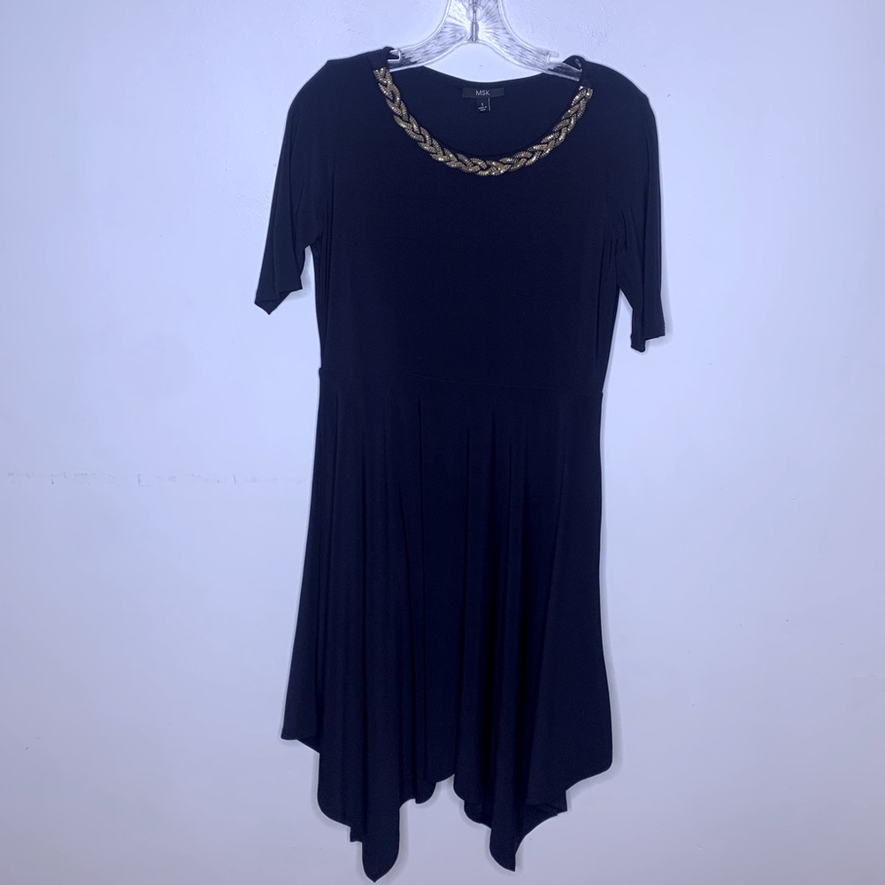MSK Black Fit and Flare Gold Jeweled Neckline Asymmetrical Midi Elegant Dress